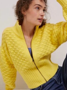 Anthropologie Maeve Buttercup Yellow Textured Knit Sweater Cardigan, Size Medium
